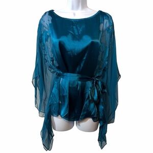 Vintage Cache Flutter Sleeves Teal Silk Blend Sheer Blouse with Tie Waist